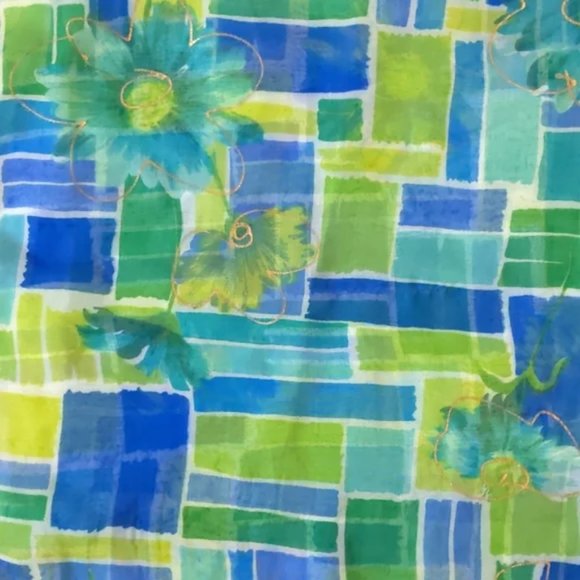 Floral & Geometric Print Sheer Scarf, Blue / Green / Gold, 61" x 12" - Picture 4 of 7